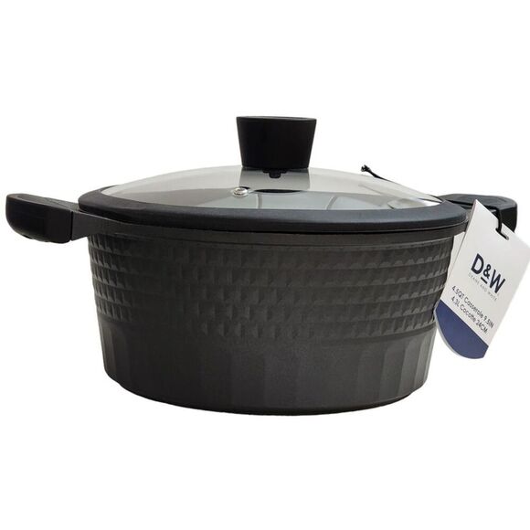 D&W Cookware 9.5in‎ Non Stick Stockpot Casserole Pot With Glass Lid 4.5QT Black